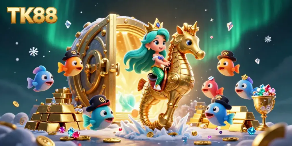 Join the mermaid princess and her pirate fish friends at TK88, where fortune awaits in this vibrant casino adventure.