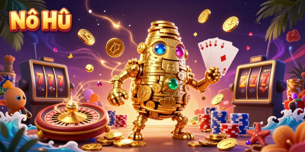 Nổ Hũ online casino scene featuring vibrant 3D golden golem and dynamic casino elements.