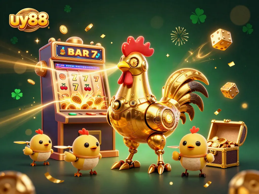 Engage in thrilling slot action at uy88 with a golden rooster robot and fun gaming elements