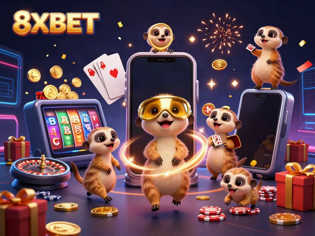 8XBET meerkats celebrate in a dynamic casino scene with slot games and confetti.