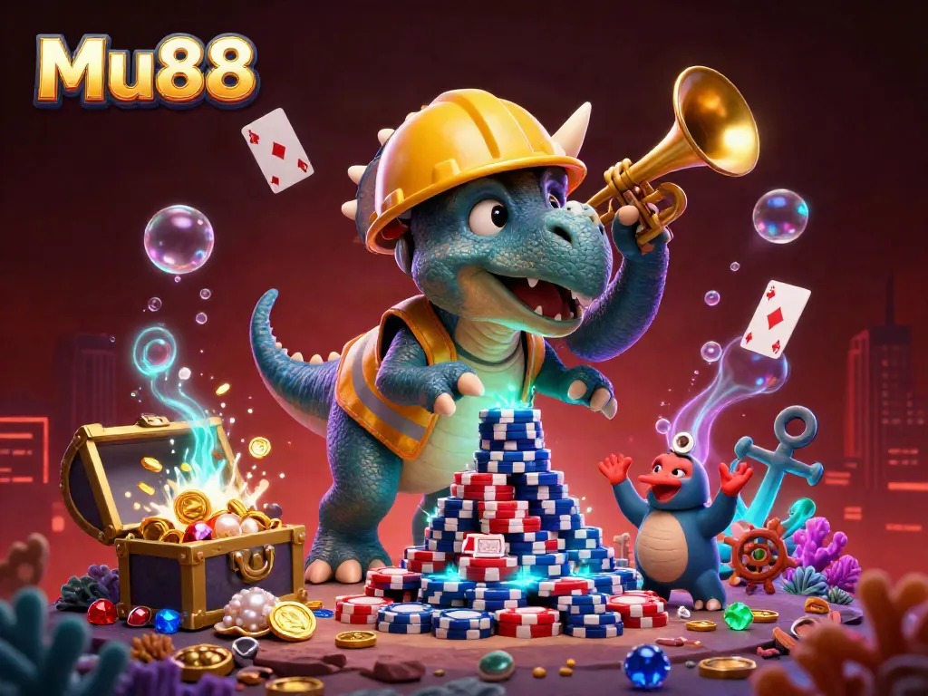 Experience the thrill of Mu88 with a 3D illustration of a triceratops building poker chip pyramids in a vibrant casino scene.