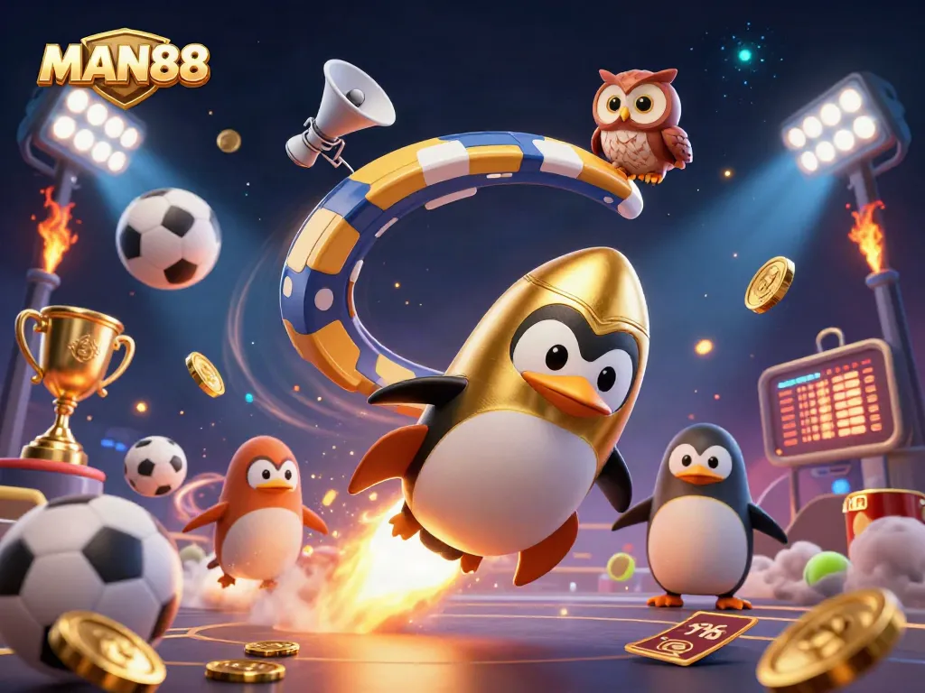 Experience MAN88 in a vibrant 3D casino scene with a golden penguin and dynamic sports elements.