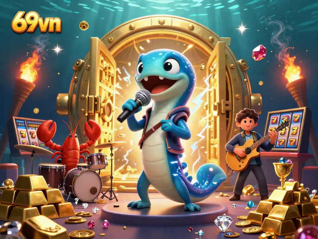 Engage in thrilling underwater casino fun with 69vn, featuring vibrant illustrations of characters and treasures.