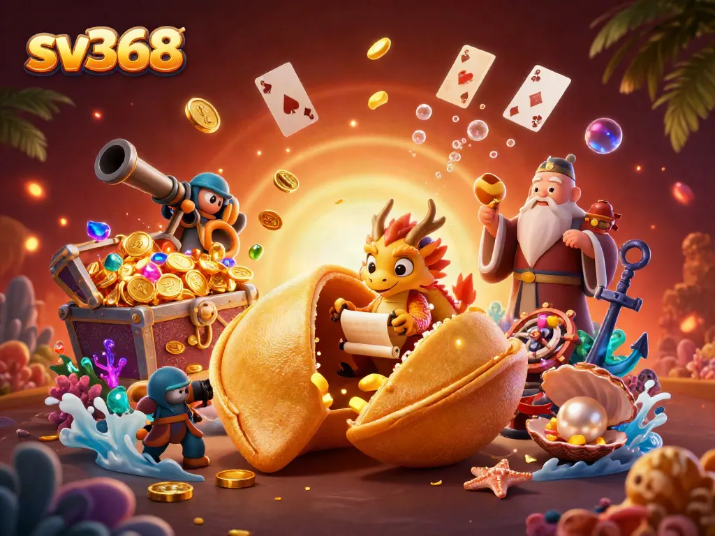 Engage with sv368's rich gaming world, featuring a golden fortune cookie, a wise dragon, and treasure elements.