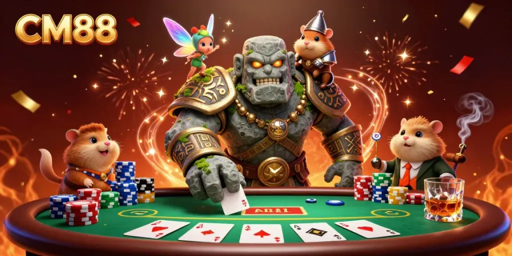 CM88's vibrant scene showcasing a stone golem, fairy, and hamster knight at a festive poker table.