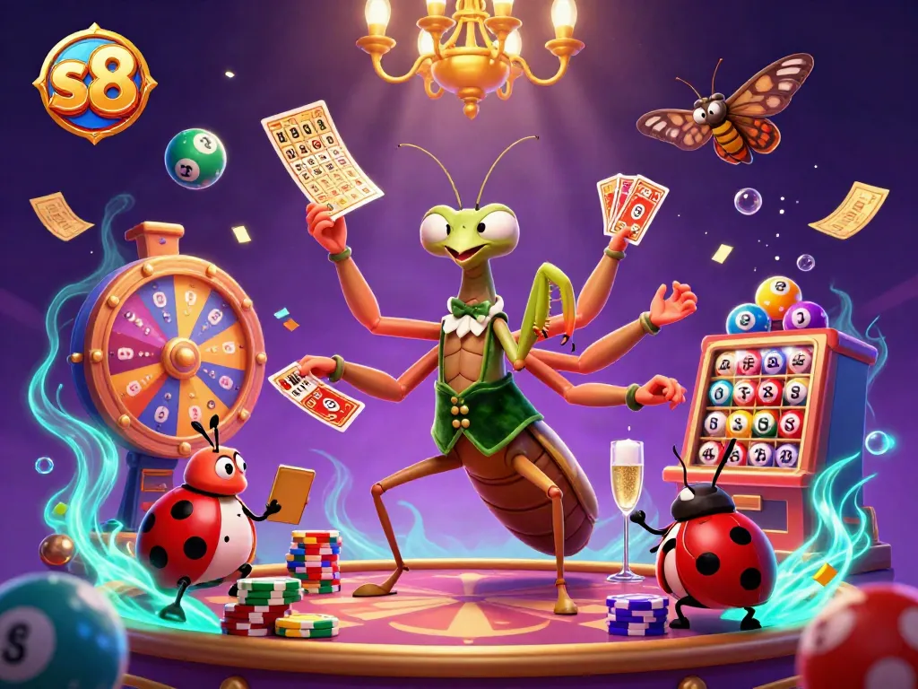 S8 platform showcases a 3D mantis dealer pouring champagne while managing colorful game elements in a vibrant casino scene.