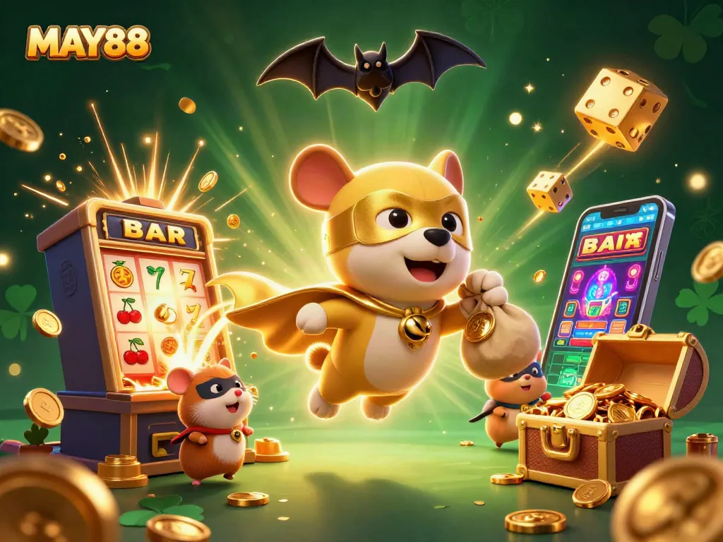 MAY88 casino superhero dog flying with gold coins, vibrant slot machine explosion scene.