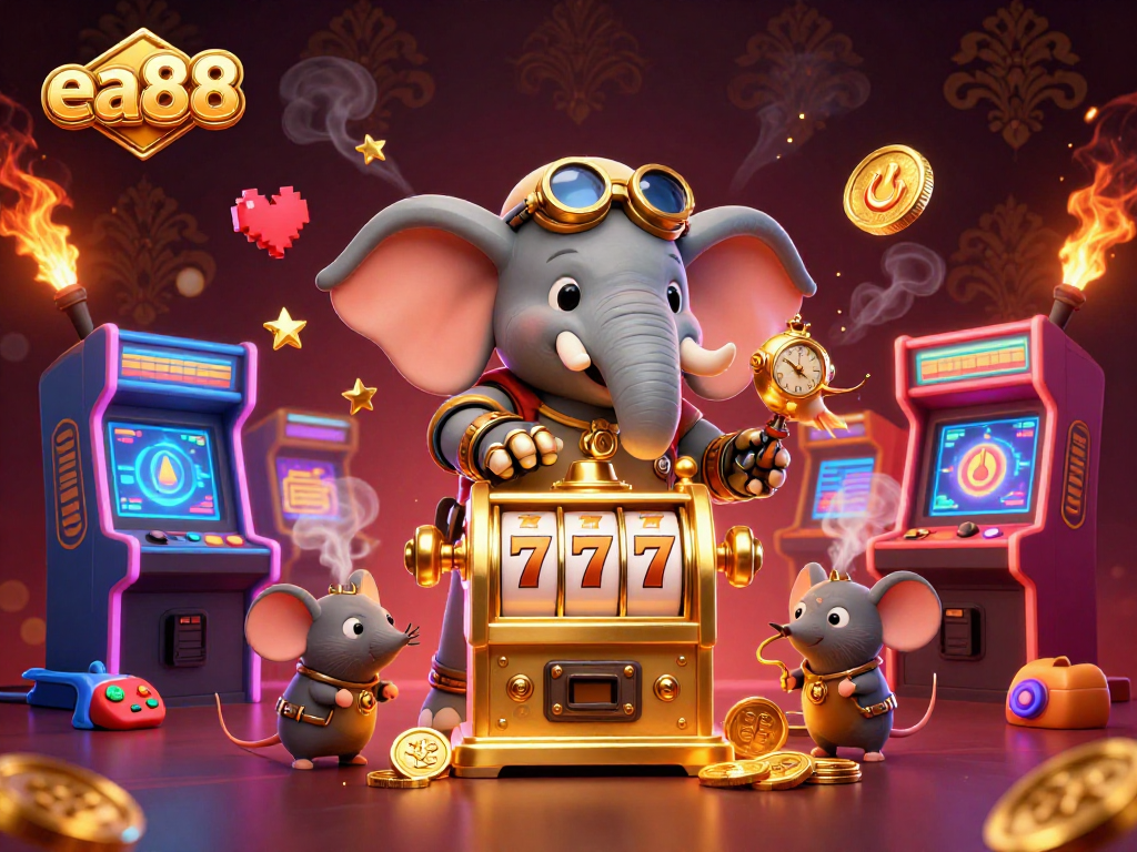 Experience exciting gameplay at ea88 with a steampunk elephant operating a golden slot machine amidst colorful arcade games.