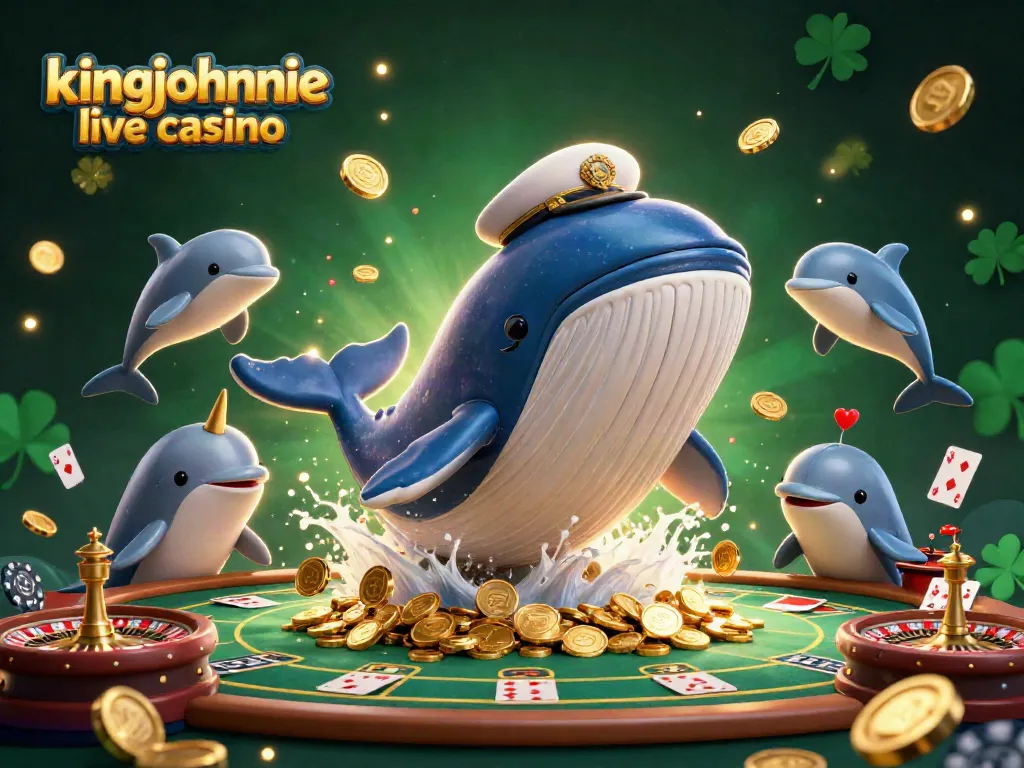 Experience excitement at kingjohnnie live casino with a playful scene featuring a whale and narwhal amidst casino games.