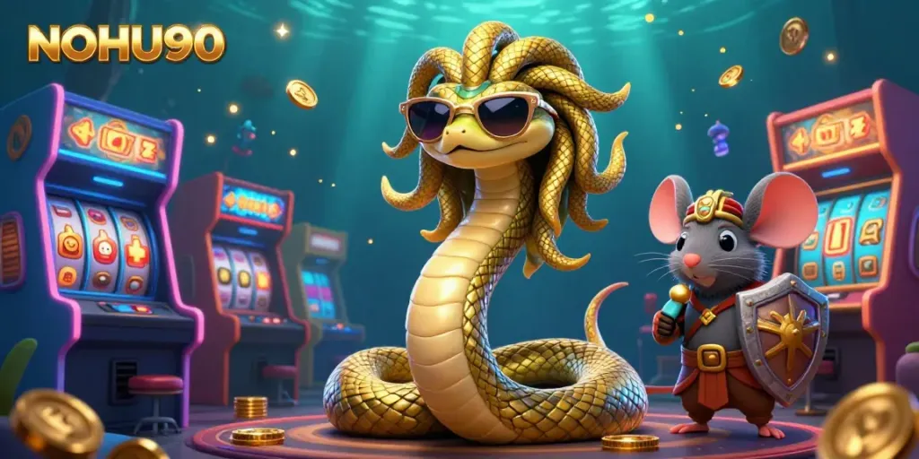 Experience the vibrant world of NOHU90 with a friendly Medusa and a brave warrior mouse in a colorful casino.
