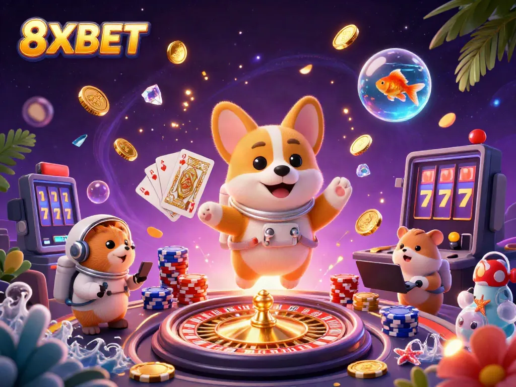 Play exciting games at 8XBET, where a cartoon astronaut and friends enjoy a colorful casino adventure.