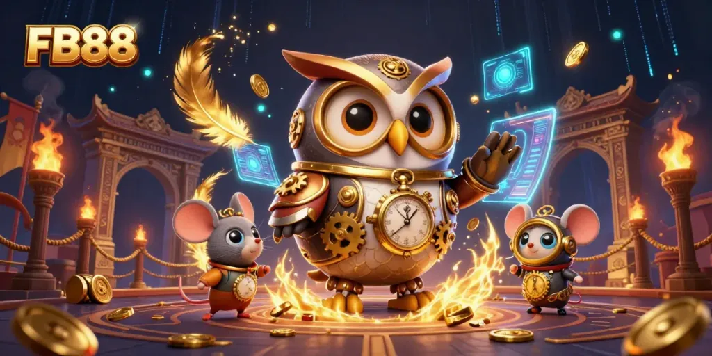 Experience thrilling betting at FB88 with a vibrant 3D illustration showcasing a time-traveling owl and a clockwork mouse.