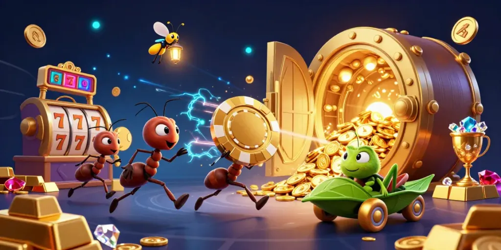 Experience the thrill of a qq88 casino heist with animated ants carrying a golden poker chip.