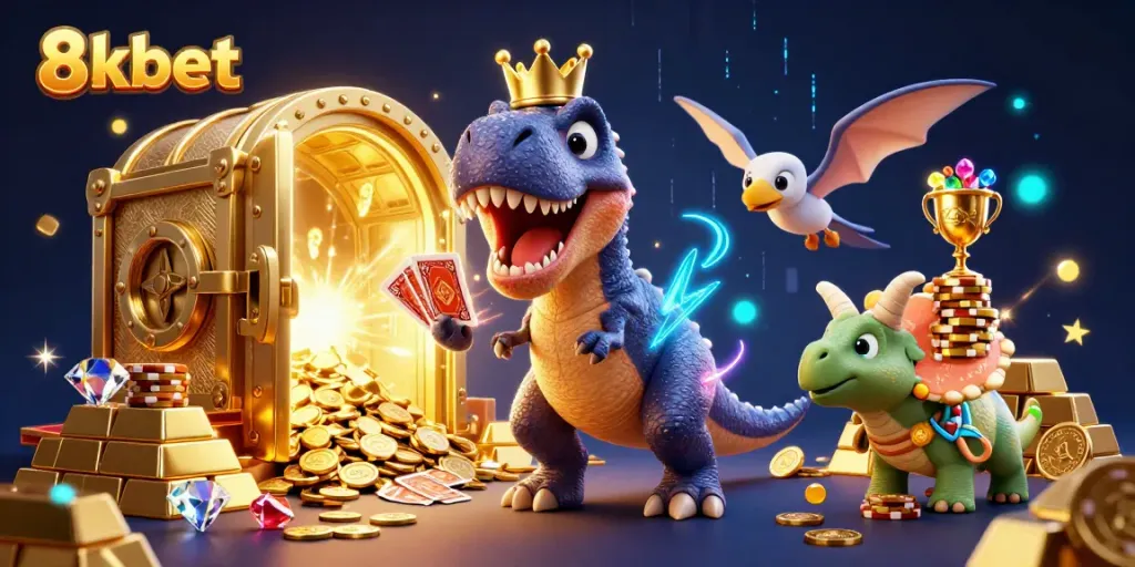 Play exciting games with 8kbet, as a friendly T-Rex shuffles cards while stacking golden chips in a dynamic casino scene.