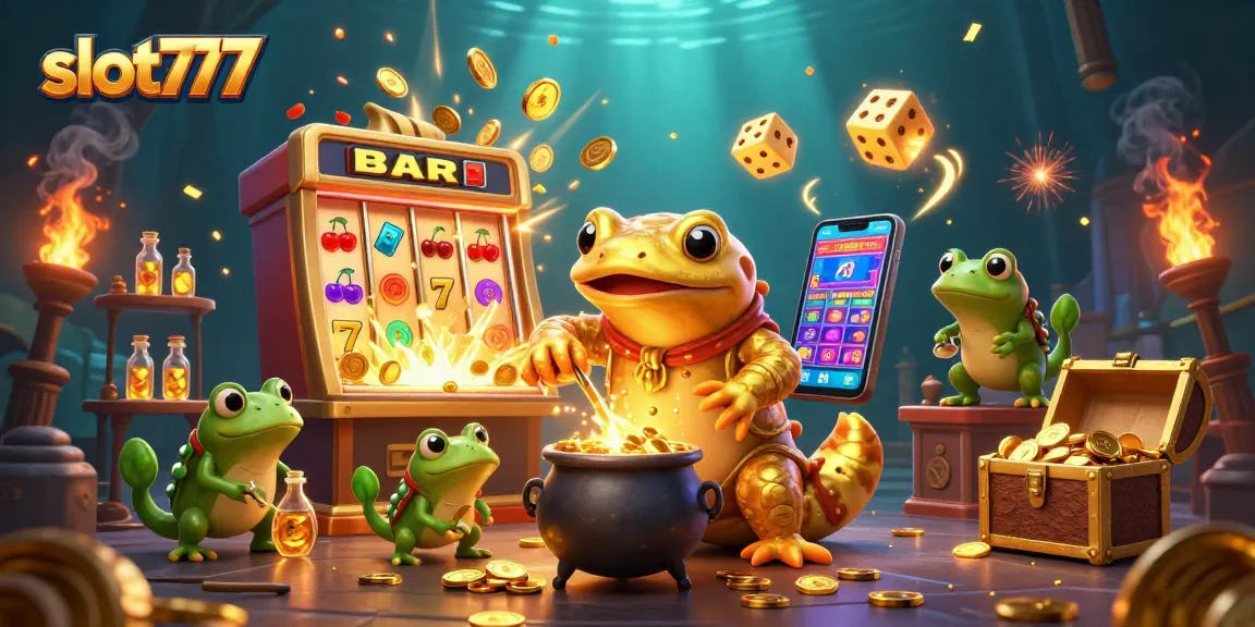 Engage in thrilling gameplay with slot777 as a golden machine bursts with prizes and vibrant casino elements.
