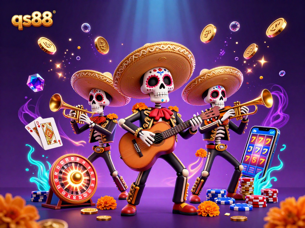 Experience thrilling gameplay at qs88 with vibrant scenes of mariachi band, golden coins, and sparkling gems.