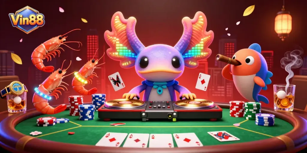 Engage with Vin88's vibrant gambling scene featuring axolotl DJ and poker elements.