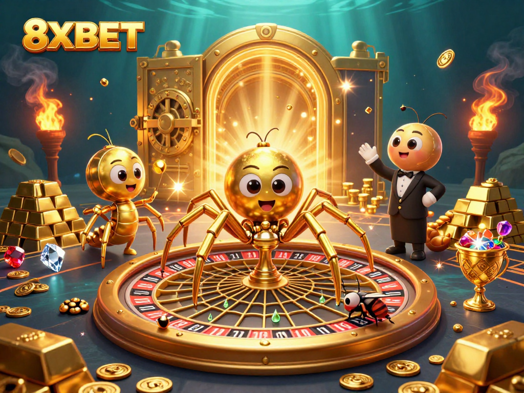 8XBET players placing bets in a vibrant casino scene with a giant golden web roulette.