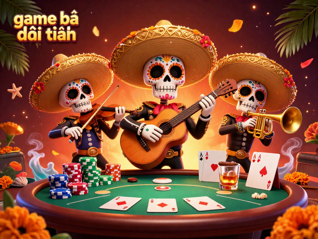 Engage in game bài đổi thưởng at a vibrant casino scene with mariachi musicians and poker elements.