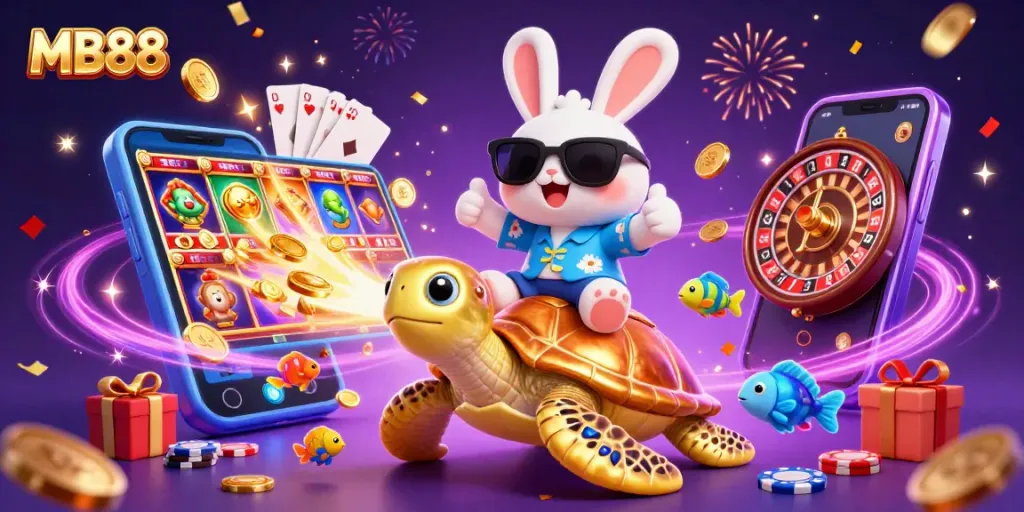 Engage in thrilling gaming fun with MB88 as a lucky rabbit rides a golden turtle surrounded by vibrant casino elements.