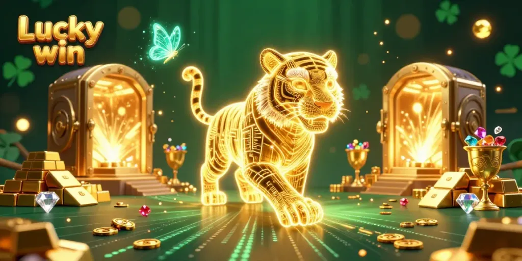 Engage with the dazzling Lucky win casino experience, featuring a golden tiger and treasures.