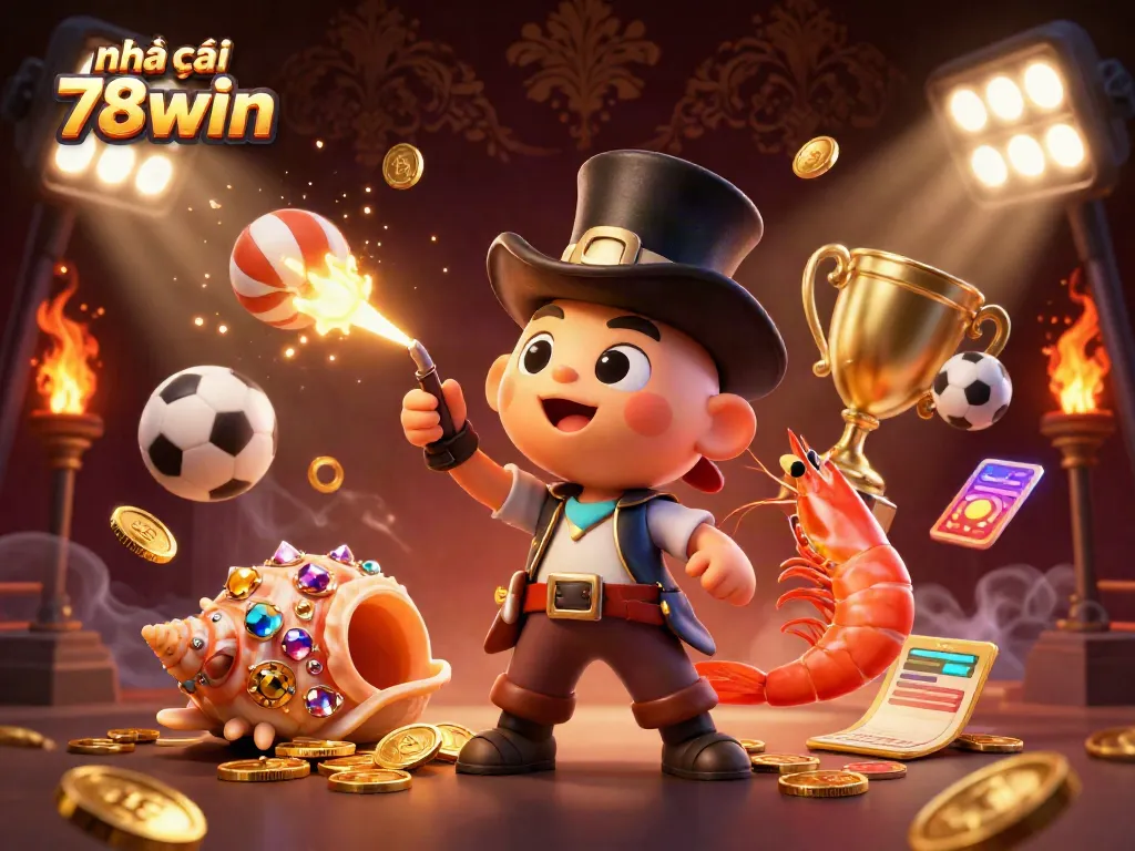 Experience the excitement at nhà cái 78win with cartoon characters interacting among flying sports elements.