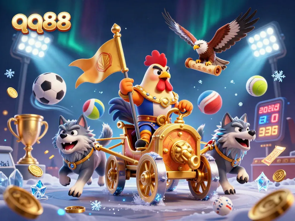 Experience excitement at qq88 with a dynamic 3D battle scene featuring games and sports elements for online betting.