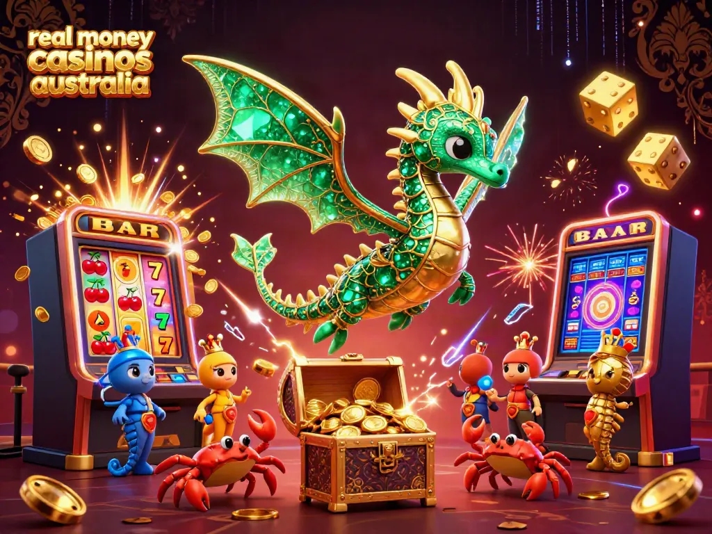 Experience thrilling action at real money casinos Australia with vibrant 3D dragon, slots, and lavish treasure.