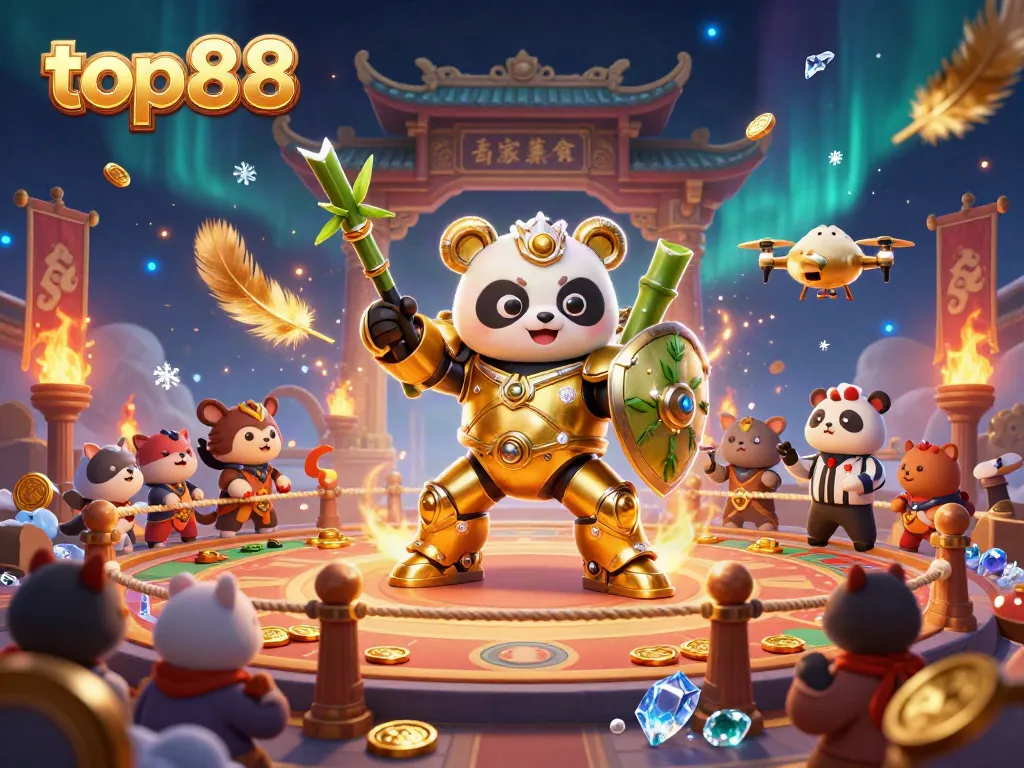 Engage in thrilling action with top88 in this dynamic 3D casino scene featuring a golden panda champion.