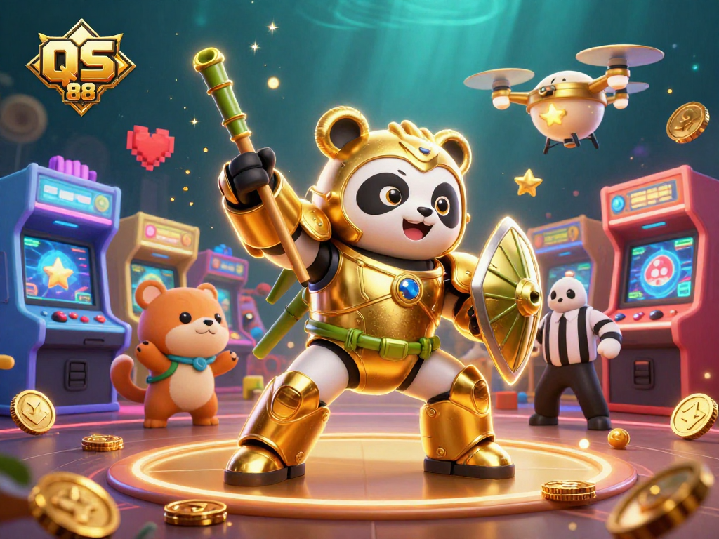 Experience the thrill of QS 88 with a vibrant, animated casino battle scene featuring unique gaming elements.