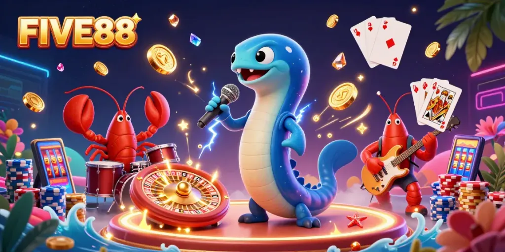 Engage with FIVE88's thrilling gaming experience at an underwater casino with vibrant characters and action.