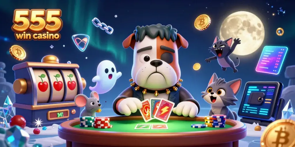 Engage with the thrilling world of 555 win casino as a cartoon bulldog deals cards among vibrant gaming elements.