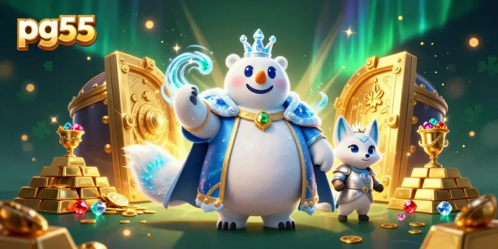 Experience thrilling wins at pg55 with a vibrant 3D casino scene filled with golden treasures.