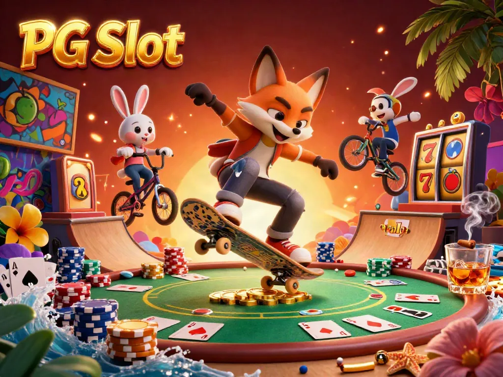 Experience the thrill of PG Slot with a dynamic scene of a fox and rabbit in an energetic gambling atmosphere.