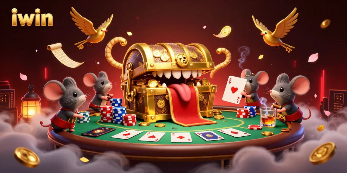 Engage with the iwin casino scene featuring an adventurous treasure chest and vibrant poker elements.