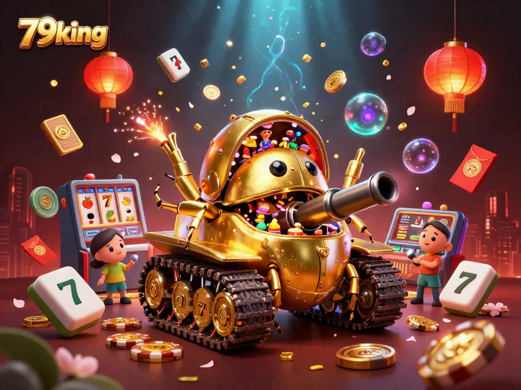 Experience thrilling gameplay at 79king with a vibrant casino scene featuring mini games and characters on a golden beetle tank.