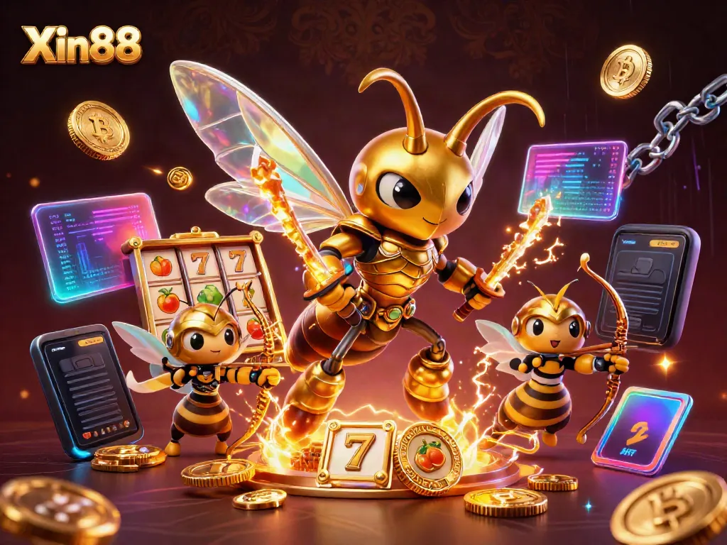 Experience thrilling casino action with Xin88 as a golden hornet samurai leads a vibrant, energetic scene.