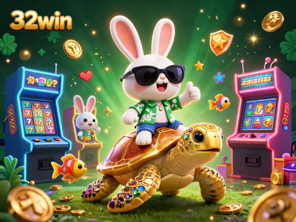 Join the fun with 32win at a vibrant casino scene featuring a lucky rabbit and golden turtle!