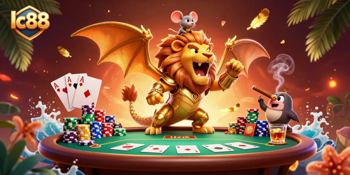Engage with lc88's vibrant poker atmosphere, featuring a roaring chimera and dynamic game elements.