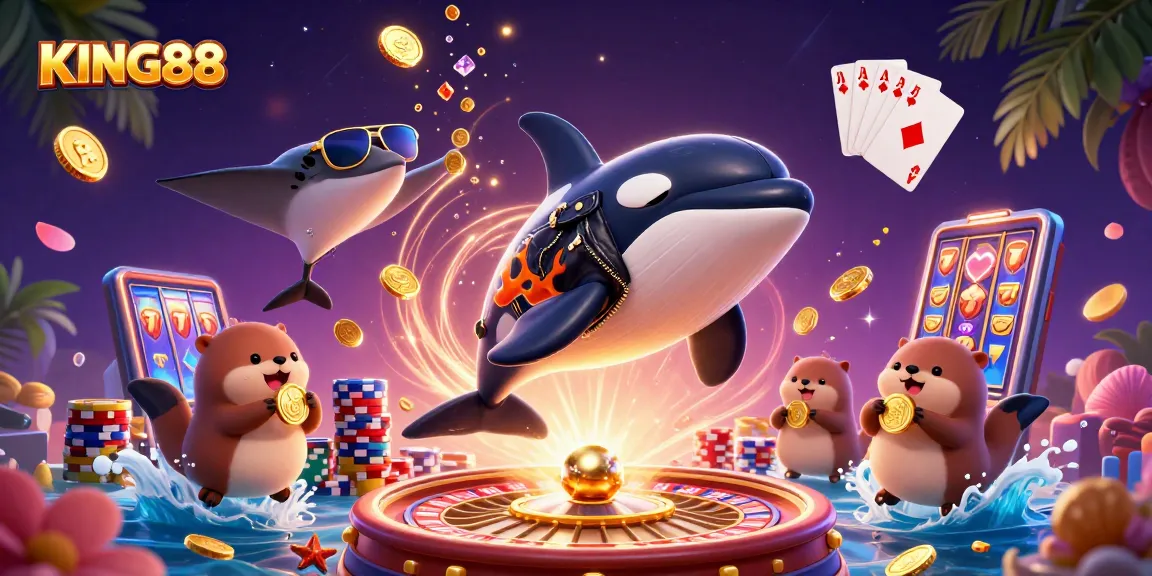 Experience thrilling gameplay at KING88 with a dynamic scene of cartoon ocean life celebrating casino wins.
