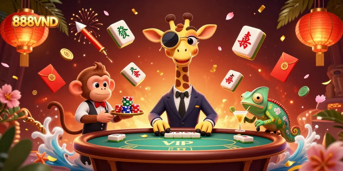 Experience the thrilling atmosphere of 888VND with vibrant gaming characters and festive elements.