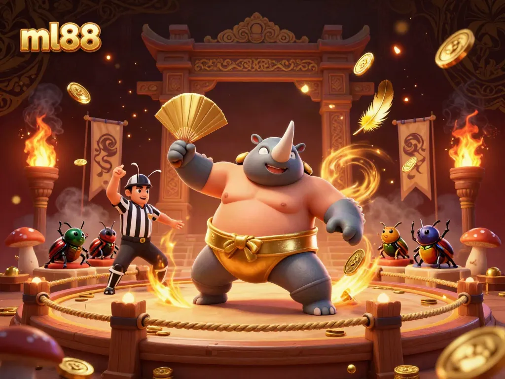 Experience the excitement of ml88 with a dynamic scene featuring a sumo champion beetle and glittering casino elements.