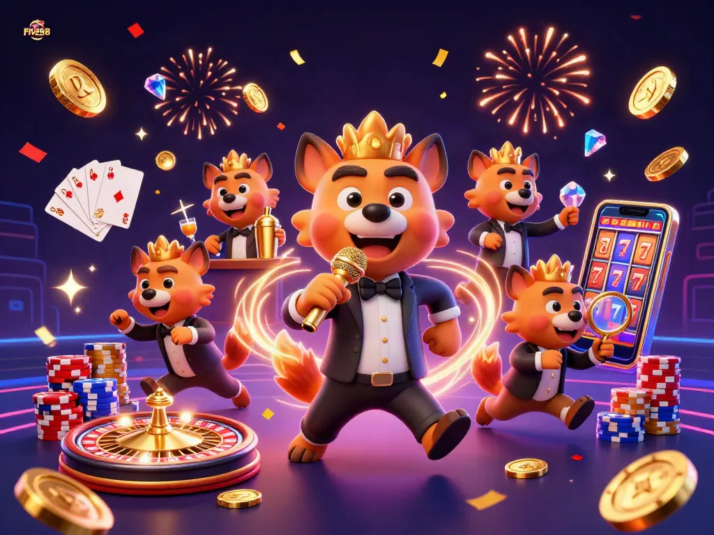 FIVE88 captures the excitement of online gambling with vibrant casino illustrations and engaging characters.