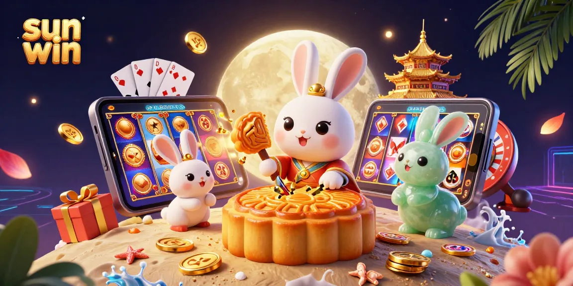 Experience the thrill of sun win with a 3D moon rabbit illustrating poker chips and slot games in a vibrant casino scene.