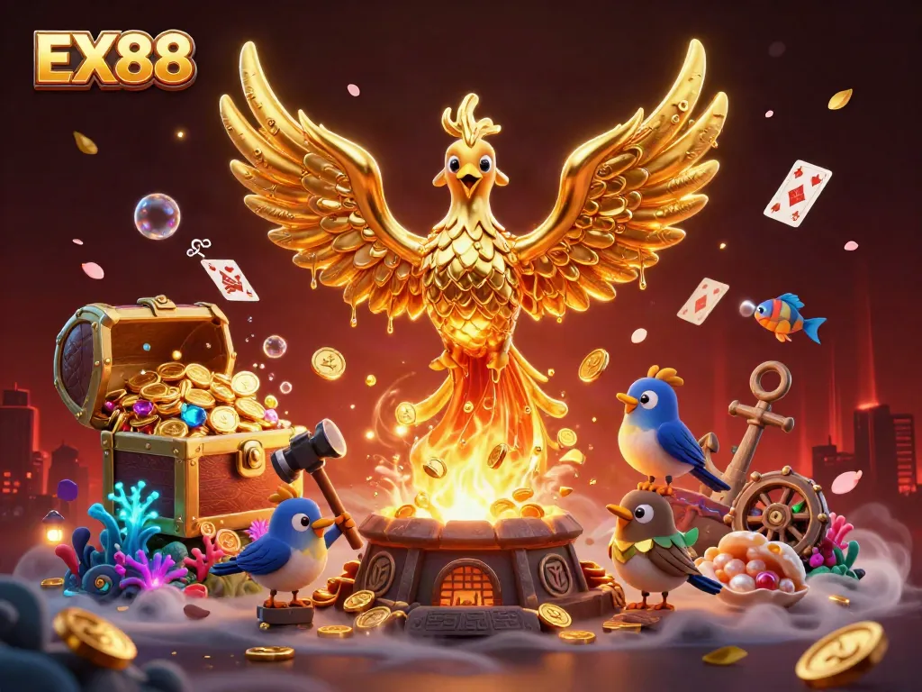 Engage with the vibrant offers of EX88 through this immersive casino-themed illustration of adventure and fortune.