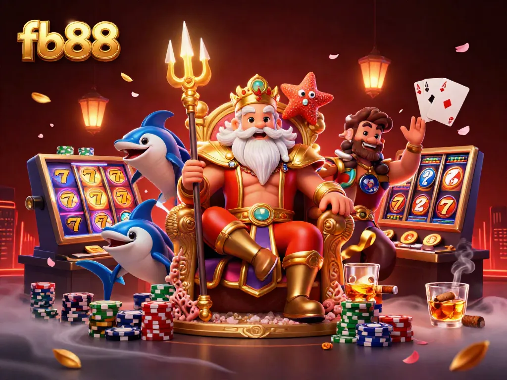 Engage in exciting gambling with fb88, showcasing vivid slot reels and the majestic Neptune in a lively casino scene.