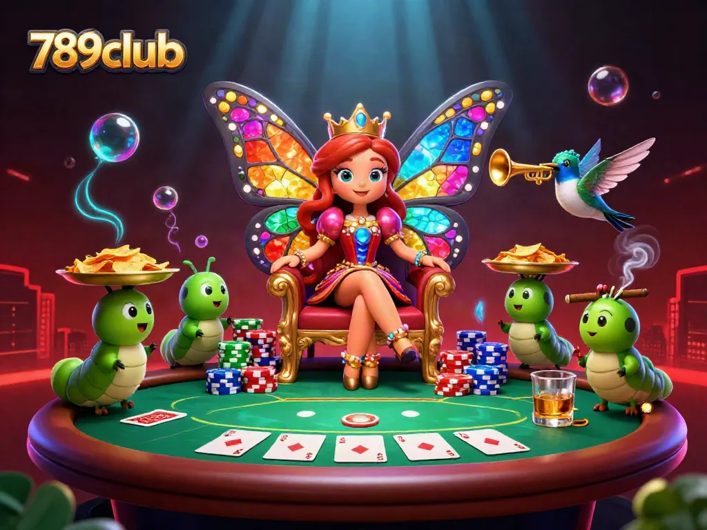 Engage with 789clubb amidst a vibrant casino scene featuring dazzling characters and poker elements