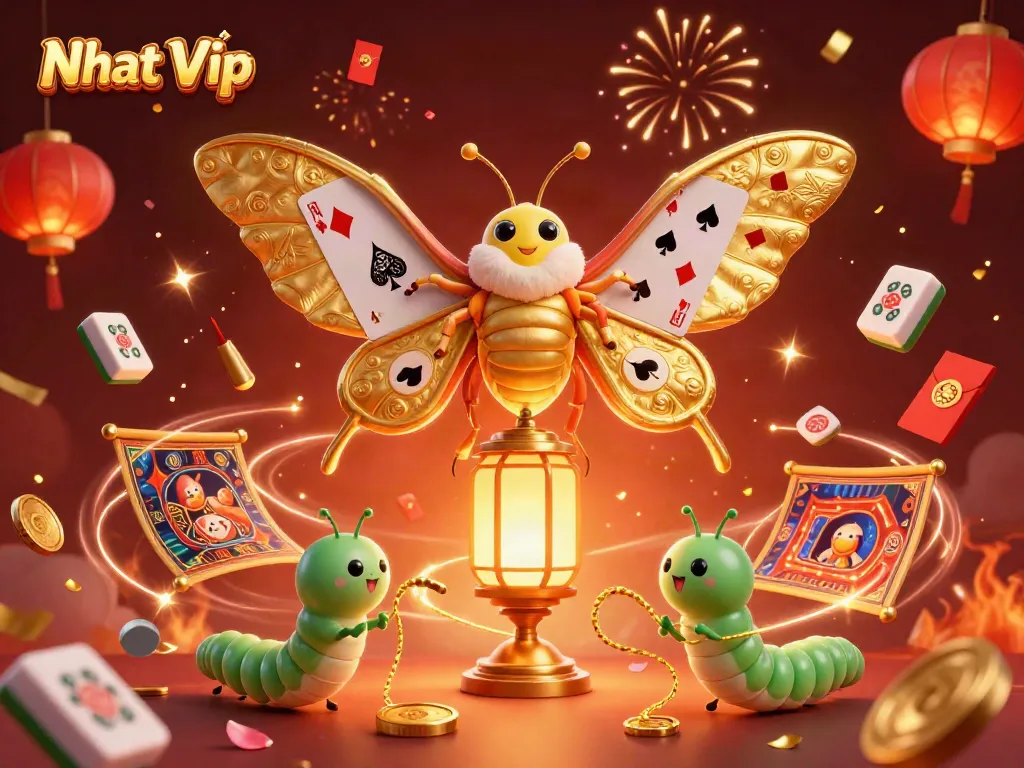 Nhat Vip's vibrant casino scene featuring a majestic atlas moth, glowing symbols, and festive elements.