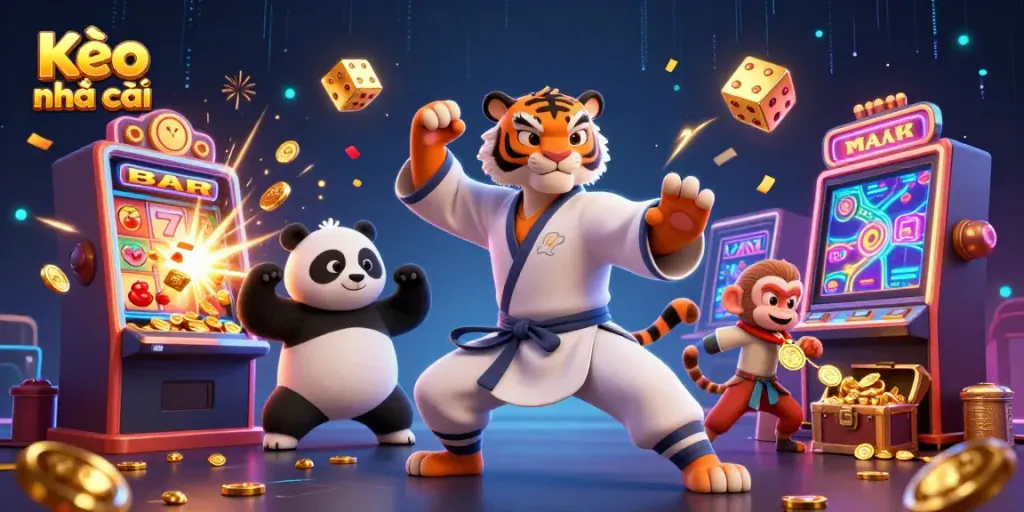 Kèo nhà cái showcases 3D kung fu tiger, panda disciple, and monkey student amid a vibrant casino backdrop.