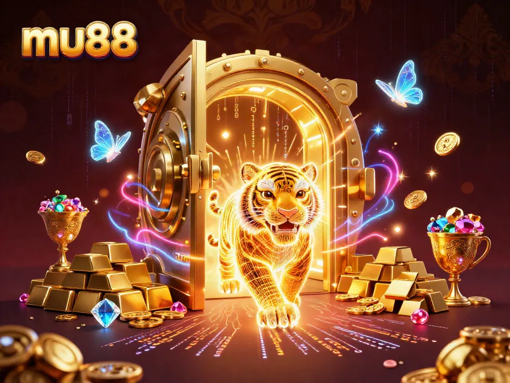 Engage with mu88 in an electrifying digital casino scene featuring a neon-wireframe golden tiger.